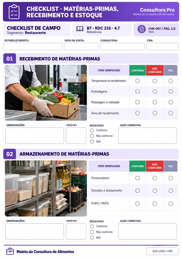 Checklist de matérias-primas, recebimento e estoque · Restaurante