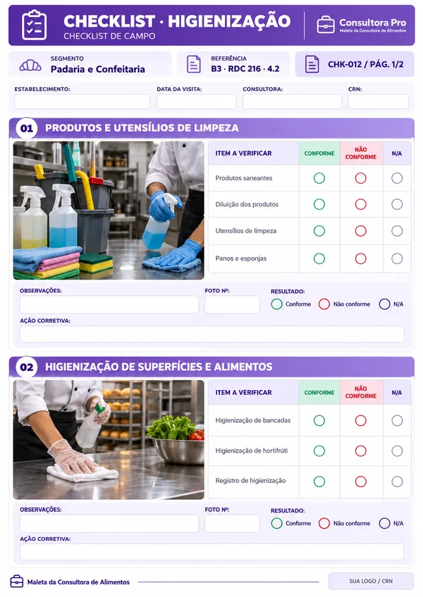 Checklist de higienização · Padaria e confeitaria